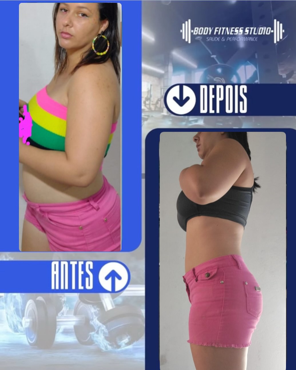 Resultado real de aluna do Body Fitness Studio — antes e depois
