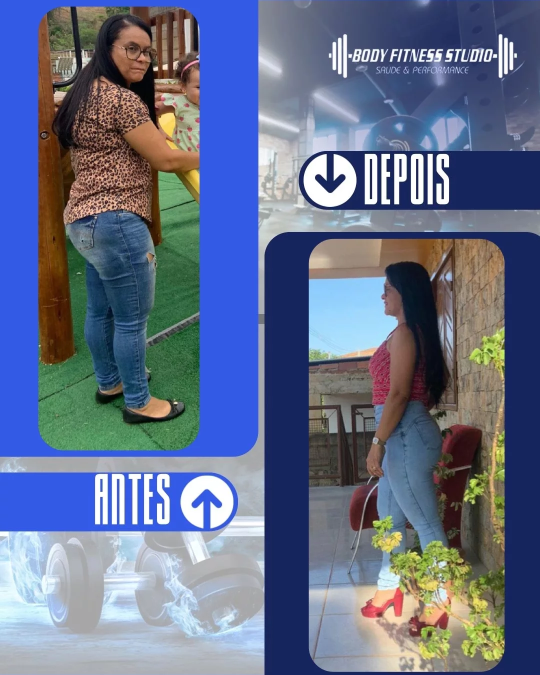 Resultado real de aluna do Body Fitness Studio — antes e depois